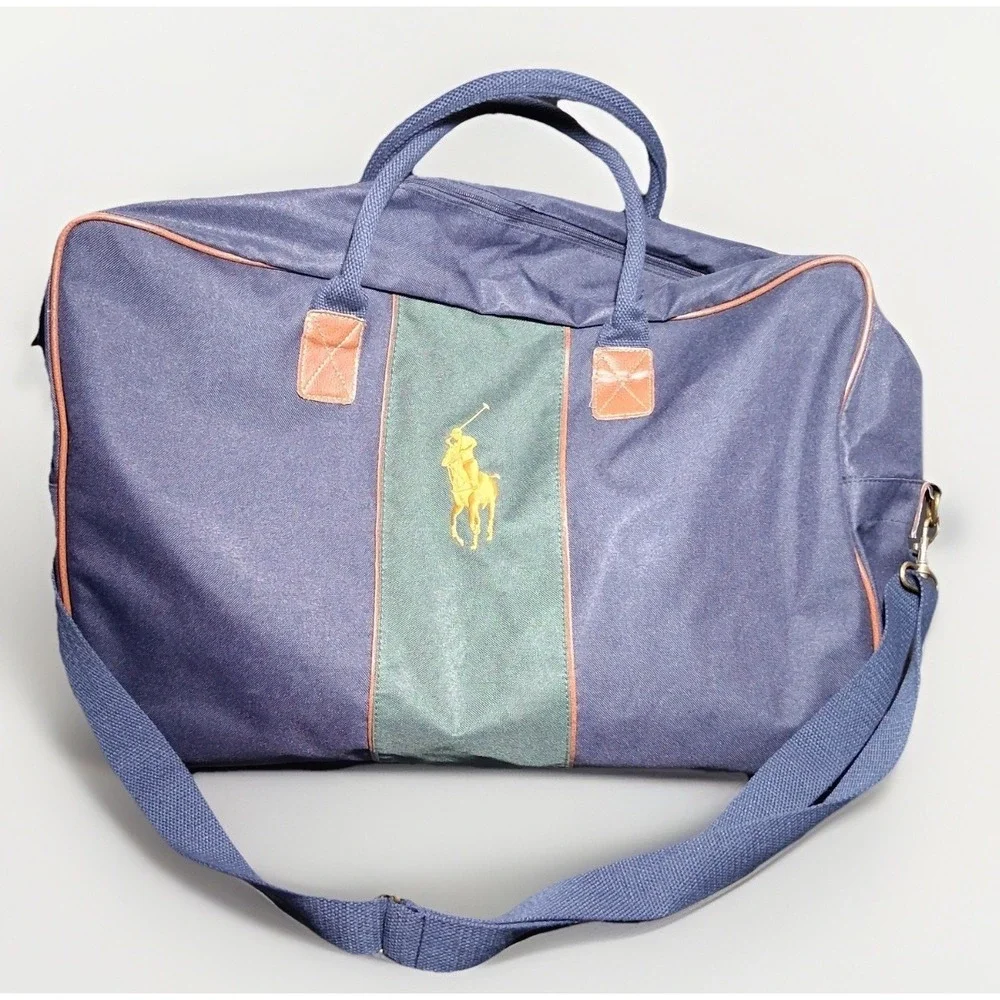 Ralph Lauren Fragrances Navy Blue Canvas Duffel Bag Green Stripe Weekender Pony